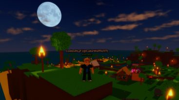 Roblox Coinflip Rng Standing On Green Platform Village Behind And Moon