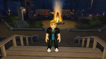Roblox Dread Camp Standing On Wooden Stairs With Campfire Buses Behind