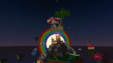 Roblox Fly Rng Flying In The Sky In A Beach Chair With Red White Parasol And Palm Tree With Castle And Rainbow In Background