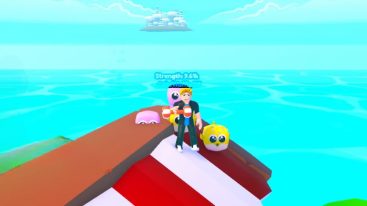 Roblox Gym Battles Standing On Red White Striped Roof Overlooking Ocean And Floating City In The Distance