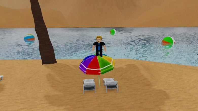 Roblox Head Tap Standing On Multicolored Beach Parasol Surrounding By Sand And Water