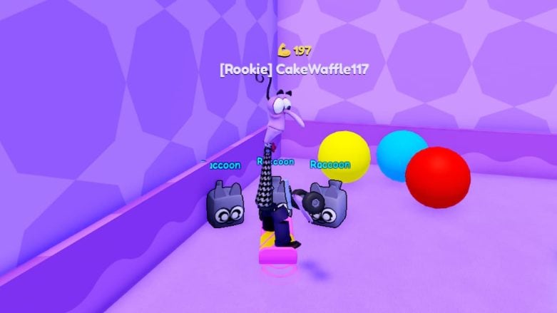 Roblox Inside Out 2 Simulator Character Faer Standing On Oink Yellow Hoverboard With Three Pet Raccoons
