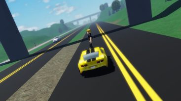 Roblox Motion Euphoria Ragdoll Standing On Top Of A Yellow Black Striped Sports Car On Highway