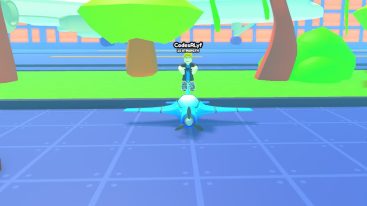 Roblox Plane Race Sitting On Top Of A Blue Plane With Trees Behind