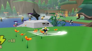 Roblox Anime Swordman Training Swinging A Sword Near Grass And Orange Flowers