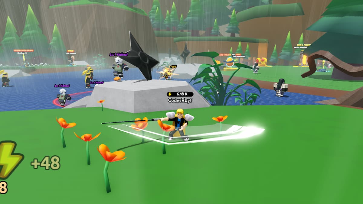 Anime Swordsman Codes June 2026 Try Hard Guides Roblox Anime Swordman Training Swinging A Sword Near Grass And Orange Flowers 