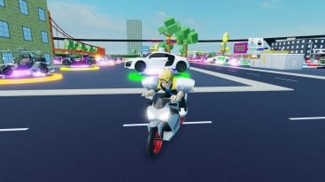 Roblox Car Trading On A White Bike On Road With Vehicles Behind