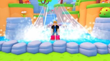 Roblox Feet Simulator Standing In Water With Waterfall Behind Waring Big Red Shoes