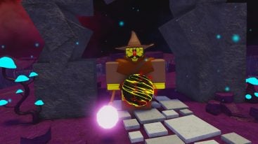 Roblox Forgotten Realms Yellow Character Wearing Pointy Hat Red Nose And Moustache Glasses In Front Of Black Red Yellow Orb