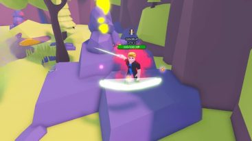 Roblox Magic Blade Simulator Standing On Boulder Swinging A Sword With White Beam Of Light