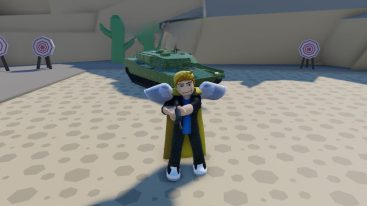 Roblox Military Idle Clicker Standing In Front Of A Tank On Sand