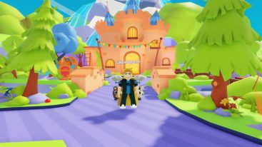 Roblox Mystery Chest Simulator Standing Near Bridge With Pink Orange Castle Behind