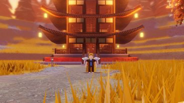 Roblox Samurai Tycoon Standing Near Orange Grass And Tall Dojo Behind