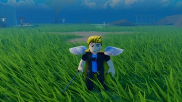 Roblox Skyfall Brawl Standing Holding Kataka On Grass As People Battle Behind