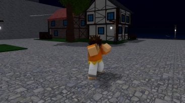 Roblox Sea Of Pirates Avatar Wearing Orange Top White Pants Throwing A Righjt Jab Near Buildings