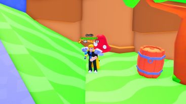 Roblox Shoot Race Simulator Standing Near Barrel And Mushtoom On Grass Holding Gun