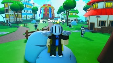 A screenshot from the Roblox experience ‘Anime Zero Simulator’ featuring a vibrant, cartoon-style virtual world. In the foreground, a character with a distinctive white and blue mask, black wings, and casual attire stands on a blue rock. The background displays a colorful amusement park with green trees, whimsical buildings resembling Japanese architecture, and multiple characters scattered around the scene. The username ‘CodesRlyf’ floats above the main character’s head.