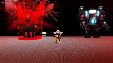 Roblox Bathroom Warriors Standing Near Two Mechs