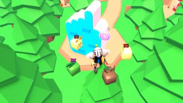 A screenshot filled with trees and in the middle of the clearing a blue hand shaped like a hand. A avatar surrounded by pets standing on a tree, who is wearing a silver knights helmet in dark clothing