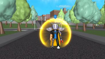 A character stands at the center of a virtual street within the Roblox game ‘Spts: Return Of The Reaper,’ surrounded by a glowing yellow aura. The character is wearing a blue and black outfit with a white helmet and wings, holding a red scythe. Behind the character are stylized green trees and brown brick buildings under a clear blue sky, suggesting an urban environment within the game’s setting
