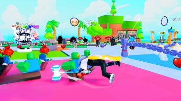 A dynamic scene from the Roblox experience ‘Strongest Smacker Simulator’ featuring a player character knocked down amidst battling various numbered zombies on a colorful island landscape with whimsical elements. The background includes green trees, blue skies, and white clouds, with a bridge leading to another island.