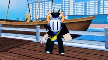 Roblox Untitled Volleyball Game Avatar Wearinv Silver Helmet And Big Left Arm Standing Before Row Boat With City In The Distance
