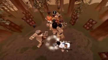 Roblox Attack On Titan Revolution Avatar In The Air As Titans Below Near Trees