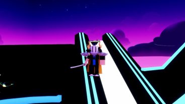 Roblox Blade Battles Standing On Black Ramp With Purple Sky Behind
