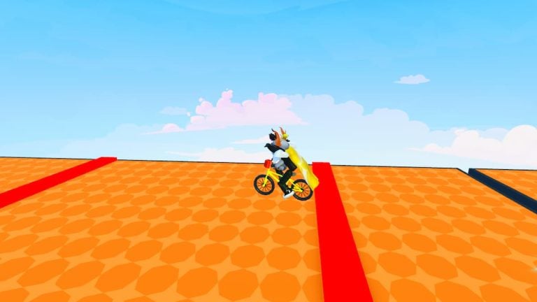 Bike Obby Codes Winter June 2026 Try Hard Guides Roblox Bike Obby Avatar On Yellow Bike On Orange Floor Jumping Over Red Laser 768x432 