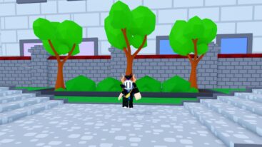 Roblox Brainrot Tower Defense Avatar Wearing Silver Helmet Standing Near Three Trees On Stone Path