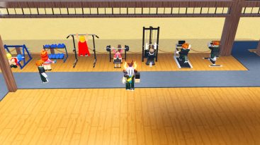 Roblox Build A Beach Gym And Prove Bullies Wrong Standing On Wood Floor As Npcs Exercise Using Gym Machines Behind