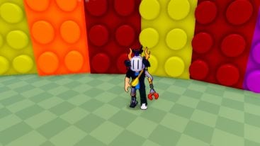 Roblox Destroy Baby Avatar Wearing Helmet Standing Before Different Colored Lego Blocks Orange Red Yellow