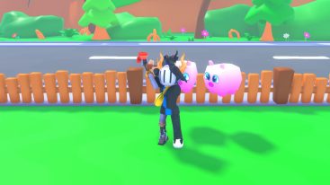 Roblox Chop Ur Wood Avatar Wearing Silver Helmet Holding Axe Near Road With Floating Pigs Behind