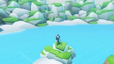 Roblox Click For Ugc 2 Avatar Wearing Silver Helmet Standing On Rocky Island In Middle Of A River