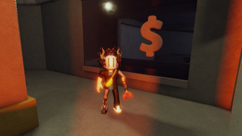 Roblox Medved Avatar Wearing Silver Helmet Standing In Orange Light Near Window With Giant Dollar Sign