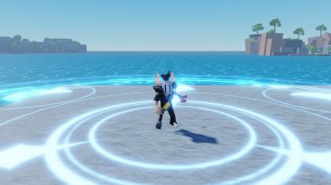 Roblox Meme Fruit Avatar Wearing Silver Helmet Summon Blue Sigils On The Ground Near Ocean