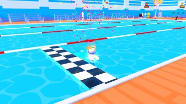 Roblox Muscle Swim Race Avatar Wearing Silver Helmet Cheering After Winning A Swimming Race