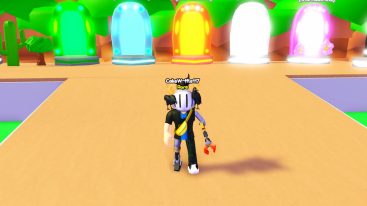 Roblox Rune Clickers Avatar Wearing Silver Helmet Standing Before Many Different Colored Doors