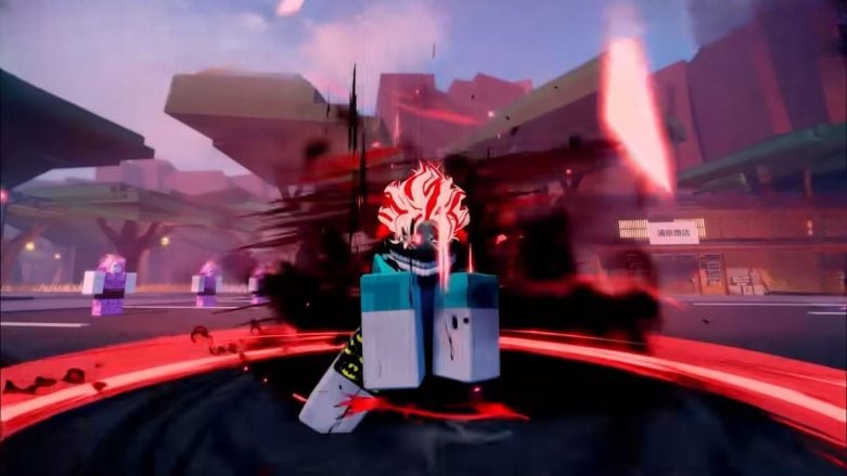 Roblox Sakura Stand Avatar With Arms Down Near Ground With Black Teeth Mask And Red Hair