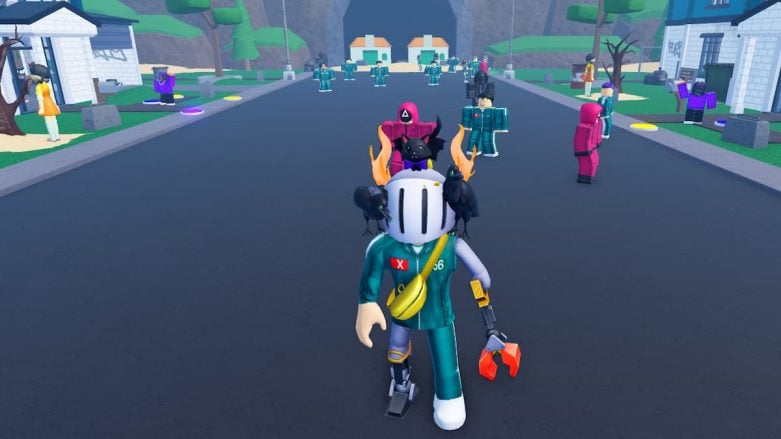 Shrimp Game Tycoon Codes February 2026 Try Hard Guides Roblox Shrimp Game Tycoon Avatar Wearing Silver Helmet And Green Overalls In A Street Filled With Red And Green Overall Npcs 781x439 