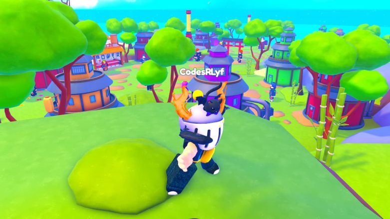 Roblox Anime Power Avatar Wearing Silver Helmet Punching With Right Hand On Hill Overlooking A Village