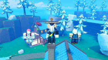 Roblox Anime Surge Simulator Avatar Wearing Helmet Standing On Chimney With Snow Covered Trees In Background