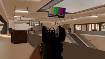 Roblox Combat Arena Aiming Down The Sights Of A Black Gun In A Shopping Mall