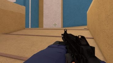 Roblox Counter Blox Overhaul Blue Arm Holding A Black Gun Doing Down Yellow Brown Alley