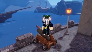 Roblox Dead Ocean Avatar Wearing Silver Helmet Standing On Cannon With Ocean And Ships Behind