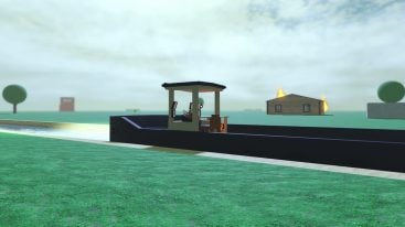 Roblox Dead Sails Standing On Grass Looking At A Blue Boat On A Canal With House In The Background