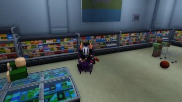 Roblox Drift Carts Avatar Wearing Silver Helmet Sitting In Purple Shopping Cart In Supermarket