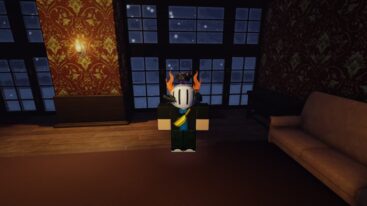 Roblox Frigid Dusk Avatar Wearing Silver Helmet Standing Before Window As Its Snowing Outside As Hes Standing On Red Carpet Near Reddish Settee