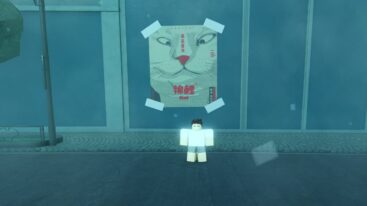 Roblox Ghoul Re Black Haired Human Avatar Standing Near White Cat Poster With Red Nose