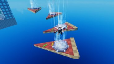 Roblox Glide To Hell Obby Avatar With White Wings Gliding Over Pizza Platforms With Fans On Them